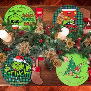 Grinchmas Placemats Set of 4 Xmas Thief Plastic Dining Mats Washable Placemat on Table for Indoor Outdoor Christmas Party Decorations