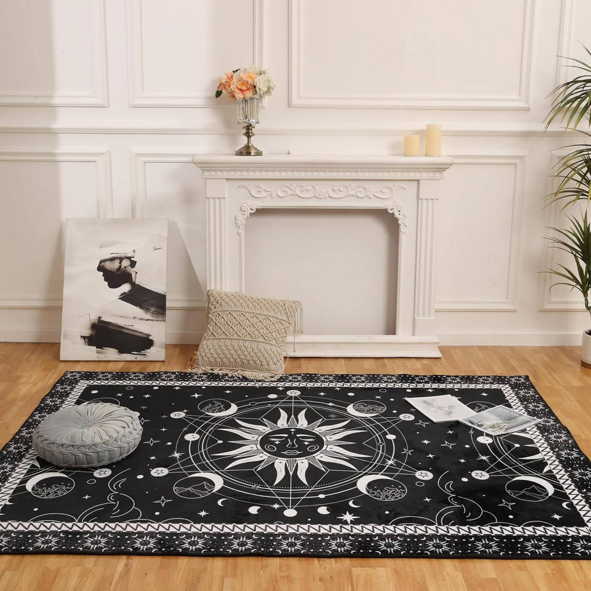 EDGZKO Sun and Moon Rug for Bedroom: 3x5 Moon Phase Rugs Boho Black and White Celestial Rug Witchy Area Rug for Dorm Living Room Kitchen Lunar Tarot Astrology Floor Mat Carpet