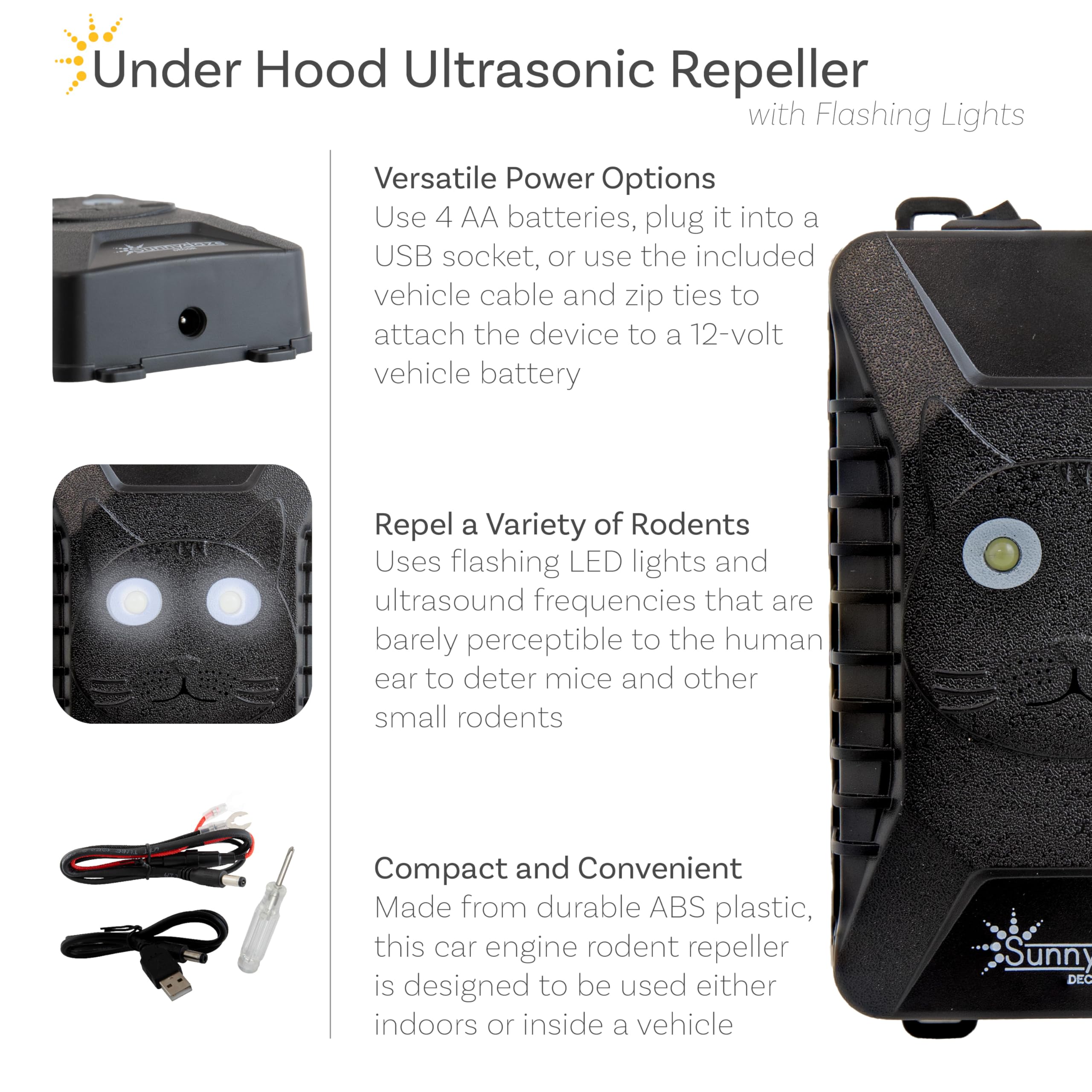 Sunnydaze Ultrasonic Mouse Repellent for Cars with Flashing Lights - Under Hood Mouse Repellent for Indoor or Vehicle Use