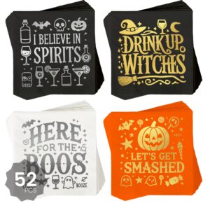 halloween napkins, halloween cocktail napkins 52 pcs, 4 different designs 13 pcs each halloween napkins disposable, witch napkins, halloween party napkins, spooky napkins, witch party supplies