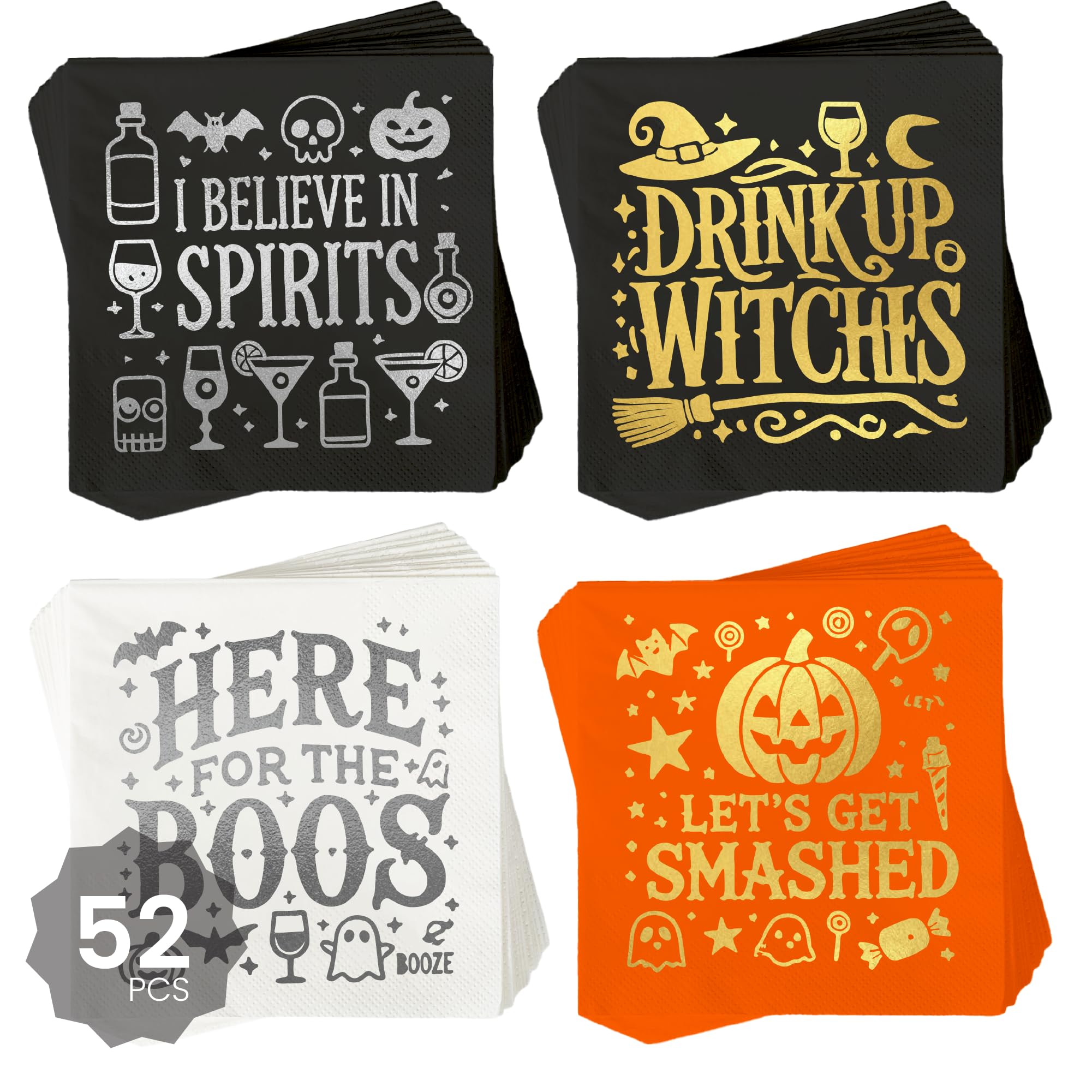 Halloween Napkins, Halloween Cocktail Napkins 52 Pcs, 4 Different Designs 13 Pcs Each Halloween Napkins Disposable, Witch Napkins, Halloween Party Napkins, Spooky Napkins, Witch Party Supplies