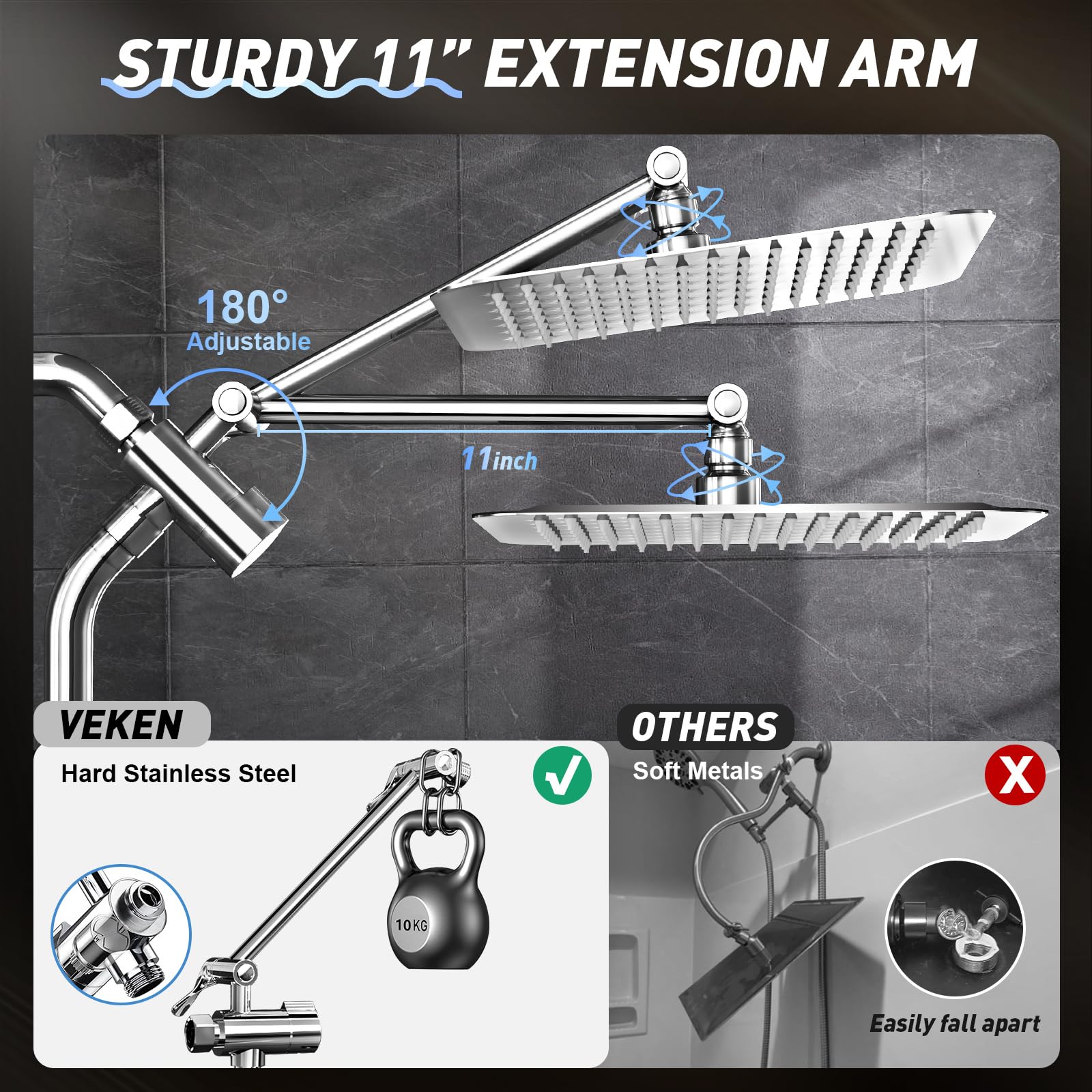 Veken 10'' All Metal Shower Head with Handheld Spray Combo, High Pressure Square Shower Heads with Wand & Extension Arm, Rain Shower Head with Power Wash, Wide Adjustable Rainfall Showerhead Chrome