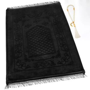 yazein muslim prayer rug with tasbih prayer beads, soft large prayer matt islam, padded islamic prayer mat thick for men and women, janamaz, sajadah (black)