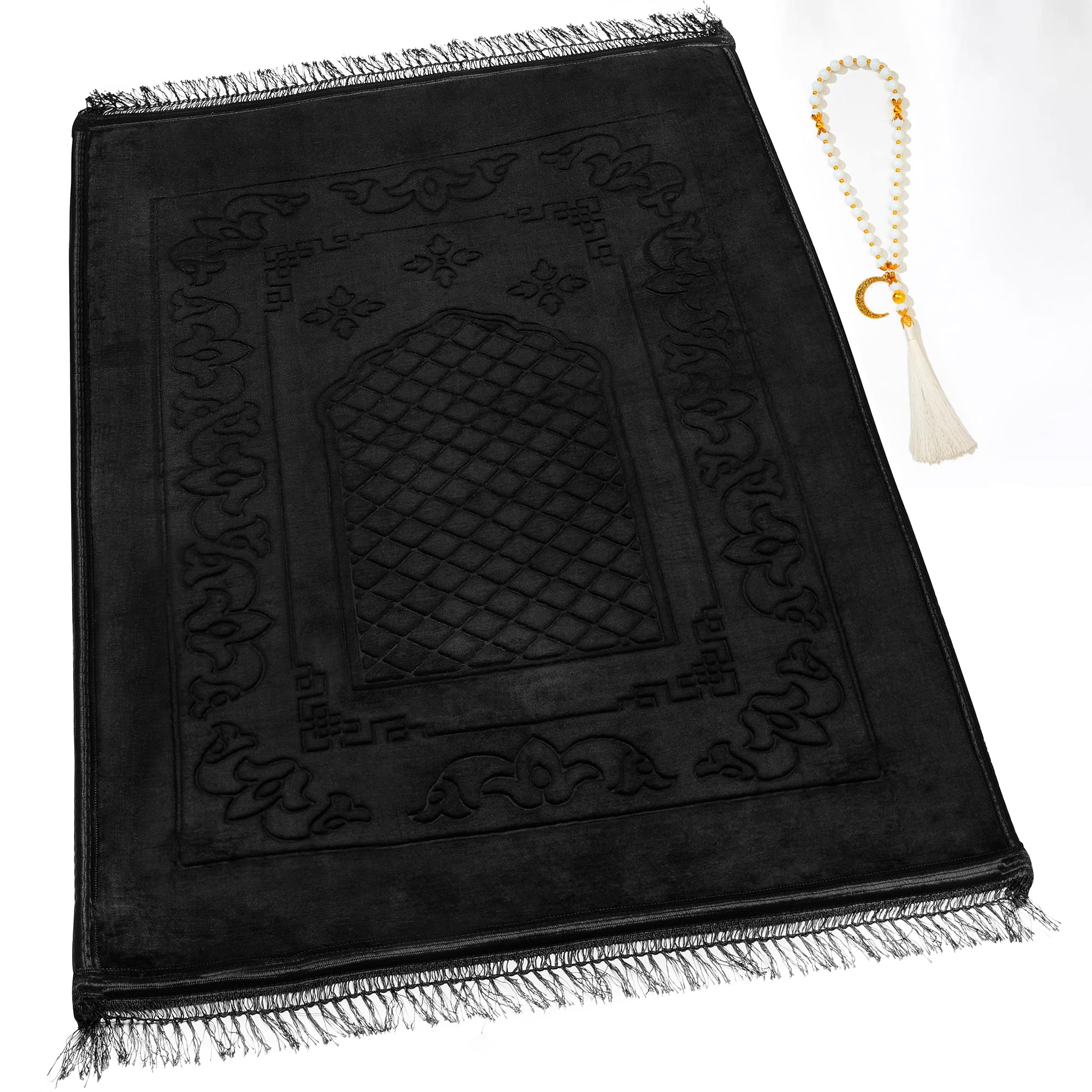 YAZEIN Muslim Prayer Rug with Tasbih Prayer Beads, Soft Large Prayer Matt Islam, Padded Islamic Prayer Mat Thick for Men and Women, Janamaz, Sajadah (Black)