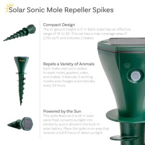 Sunnydaze Spiral Ultrasonic Solar Mole Repellent Stakes - 3 Working Modes - Easy to Install - Child and Pet Safe - 2-Pack