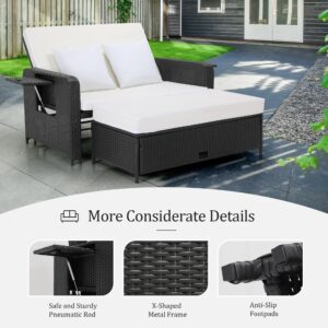 Rengue Patio Rattan Daybed, Wicker Loveseat Sofa with Multipurpose Ottoman and Retractable Side Tray, 4-Level Adjustable Backrest, Footstool w/Storage, Seat & Back Cushion Included, Black