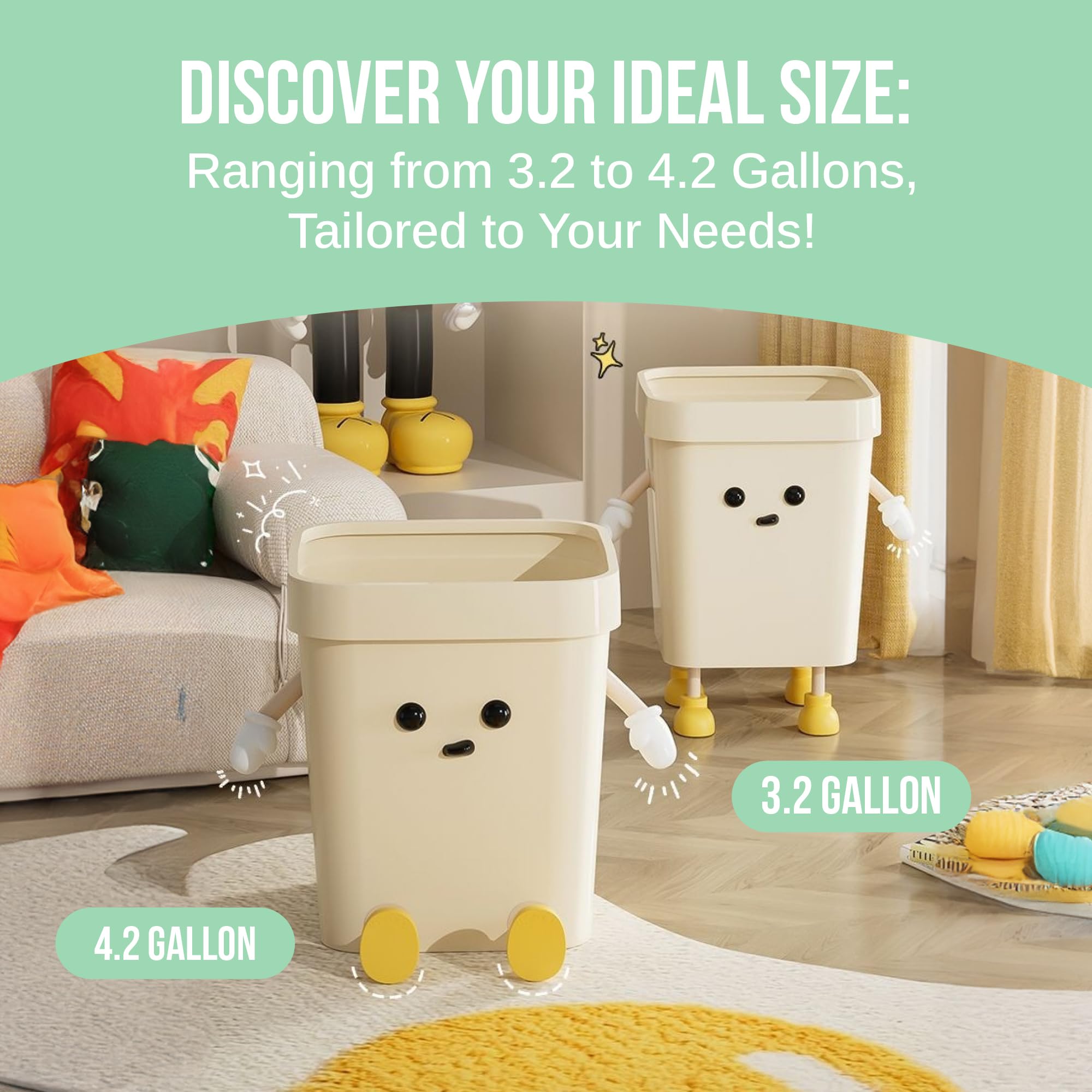 3.2-Gallon Cute Kids Trash Can - Durable Waste Basket Perfect for Kids Rooms, Classrooms, Pediatric Clinics - Beige Square-Shaped Trash Bin w/Arms & Legs - Comes with Removable Trash Bag Holder