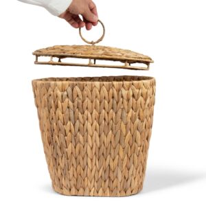 SNOWECRAFT 2-Pack Slim Wicker Basket with Lid – Small Waste Basket for Narrow Spaces | Rattan Decor - Handwoven Water Hyacinth Baskets and Covers | Covered Trash Can - Set of Two