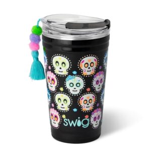 swig life 24oz party cup, stackable insulated travel coffee tumbler with ez slider lid, cup holder friendly travel thermos, stainless steel 24 oz tumbler, reusable coffee mug (sugar skulls)