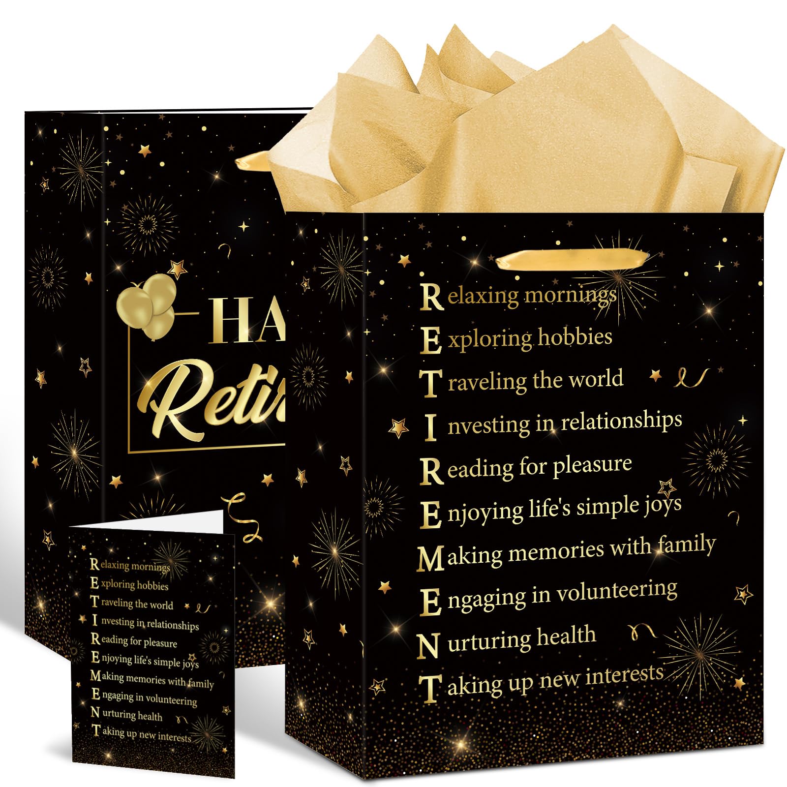 Retirement Gift Bag Happy Retirement Gift Wrapping Paper Bag with Tissue and Funny Retirement Card Black Gold Happy Christmas Retirement Party Decorations Gifts for Men Women Farewell Party Supplies