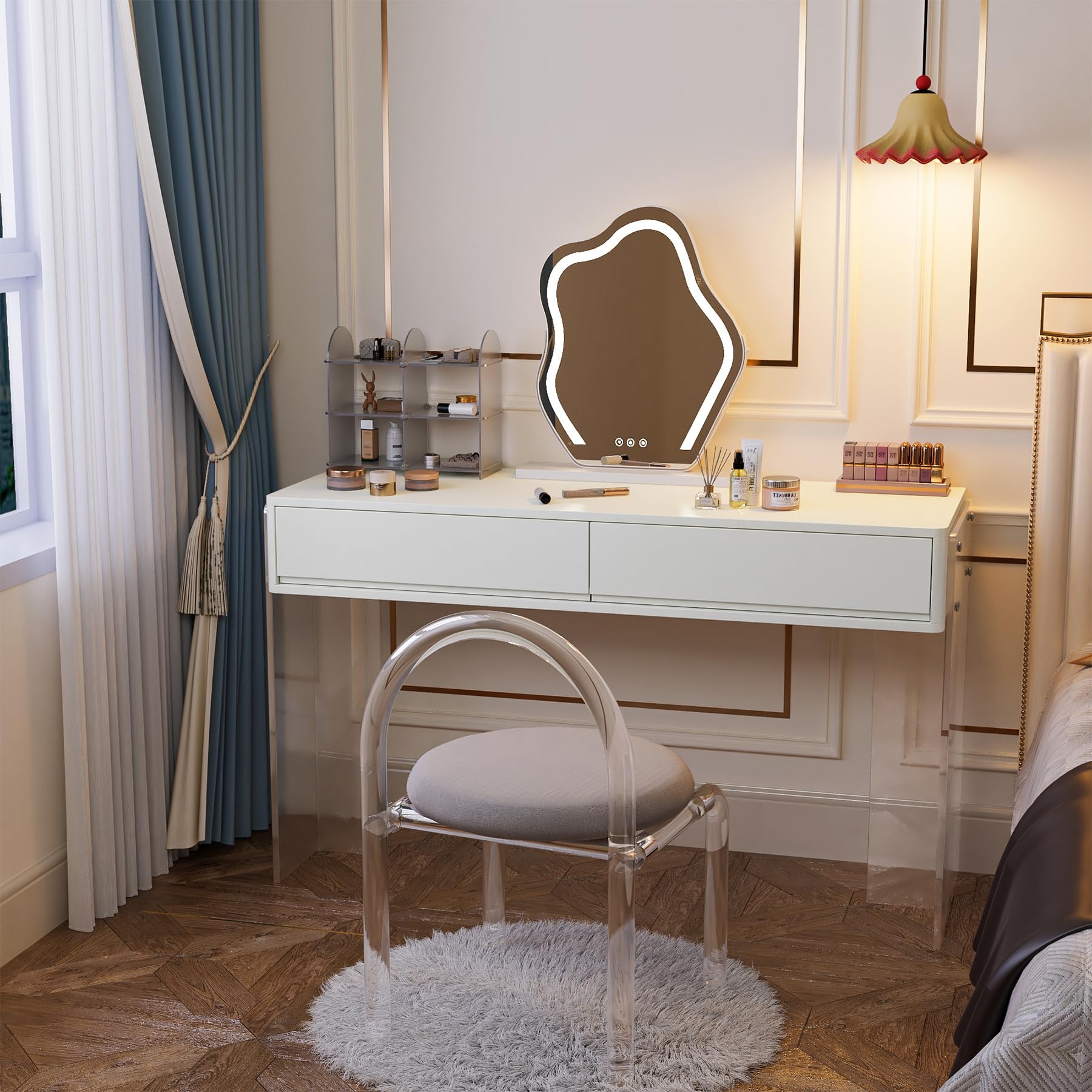 Tribesigns Makeup Vanity Desk with 2 Drawers, Modern Writing Computer Desk with Acrylic Legs, White Vanity Dressing Table for Bedroom (Without Mirror)