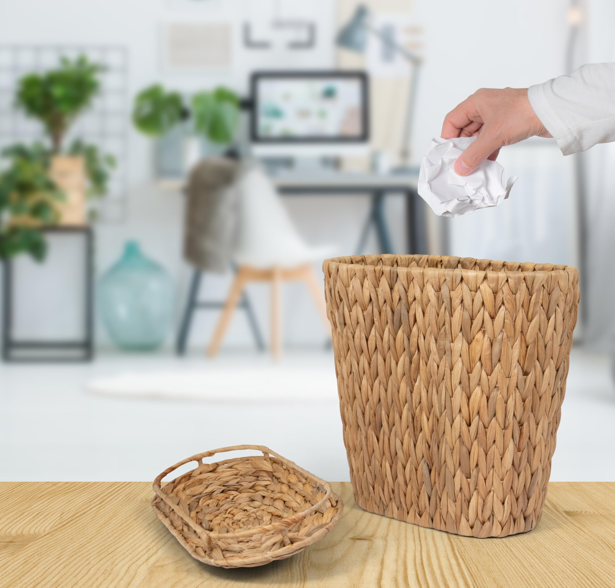 SNOWECRAFT 2-Pack Slim Wicker Basket with Lid – Small Waste Basket for Narrow Spaces | Rattan Decor - Handwoven Water Hyacinth Baskets and Covers | Covered Trash Can - Set of Two