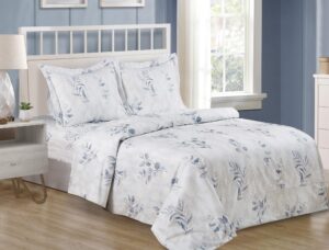 violet linen french leaves floral pattern, luxury ultra soft and breathable 200 thread-count cotton percale, blue - cream, full, 6 piece duvet set, bedding duvet cover set for two beds