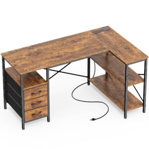 huuger l shaped desk with power outlets, computer desk with 3 drawers, 47 inch office desk with shelves, gaming desk, corner desk work desk for home office, study, rustic brown