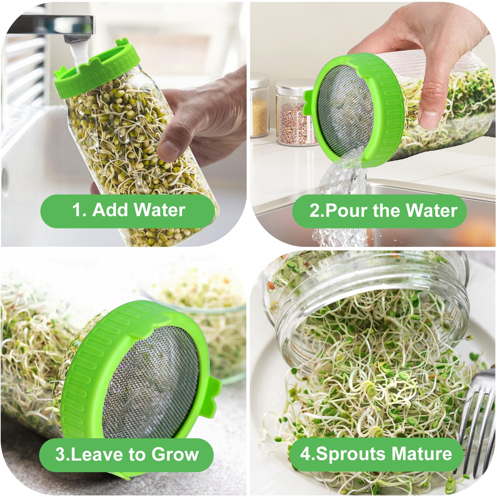 3 Pcs Sprouting Lids, Sprouting Lids for Mason Jars, Mason Jar Strainer Lid with 316 Stainless Steel Mesh, Sprouts Growing Kit for Alfalfa & Mung Bean Broccoli