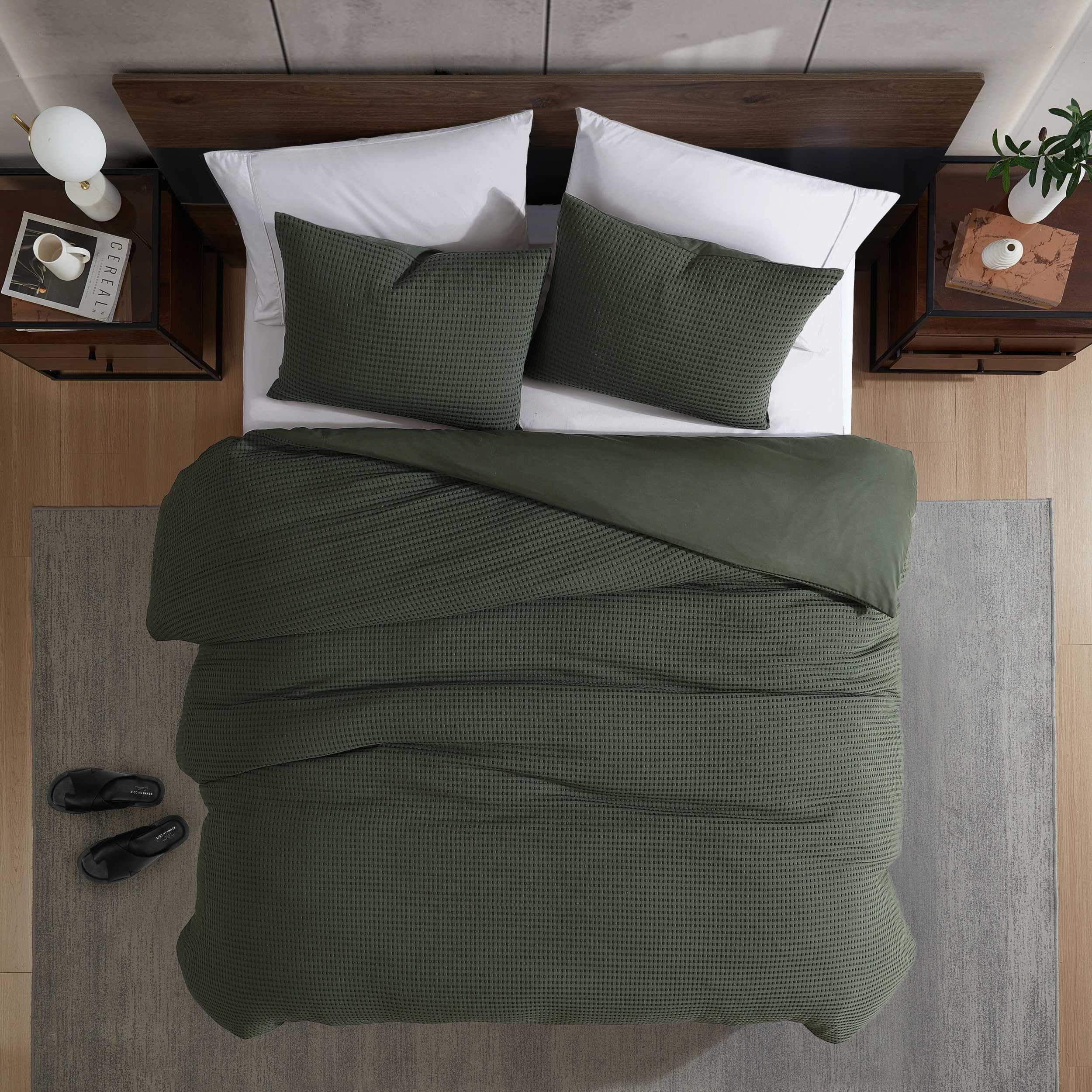 Kenneth Cole - King Duvet Cover Set, Soft Waffle Textured Bedding with Matching Shams, Cozy Home Decor with Button Closure, Oeko-Tex Certified (Solid Waffle Green, King)