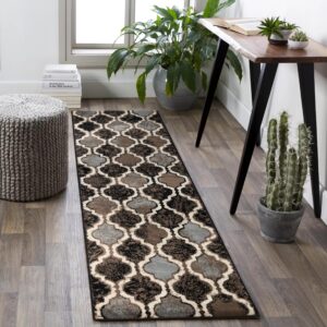 superior indoor runner rug, jute backing, modern plush rugs for hallway, living, dining room, bedroom, office, kitchen, entryway, geometric trellis floor decor, high-traffic rugs, 2' 7 x 8', chocolate