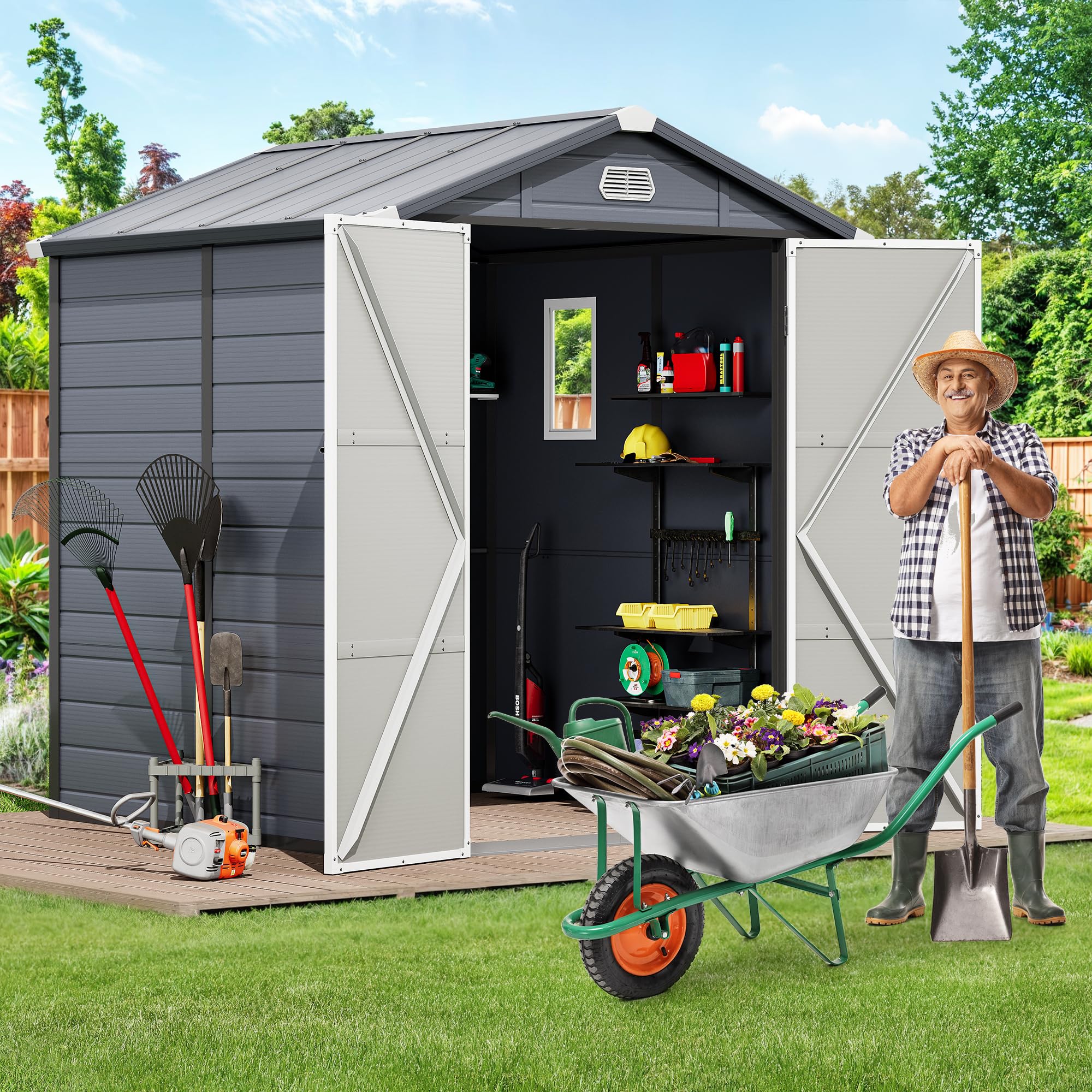 YITAHOME Resin Storage Unit sans Flooring, 6.3x6.2FT All-Weather Plastic Shed with Window, Vents and Secured Doors, Outdoor Plastic Tool Cabin for Poolside, Lawn, Backyard, Patio, Dark Gray