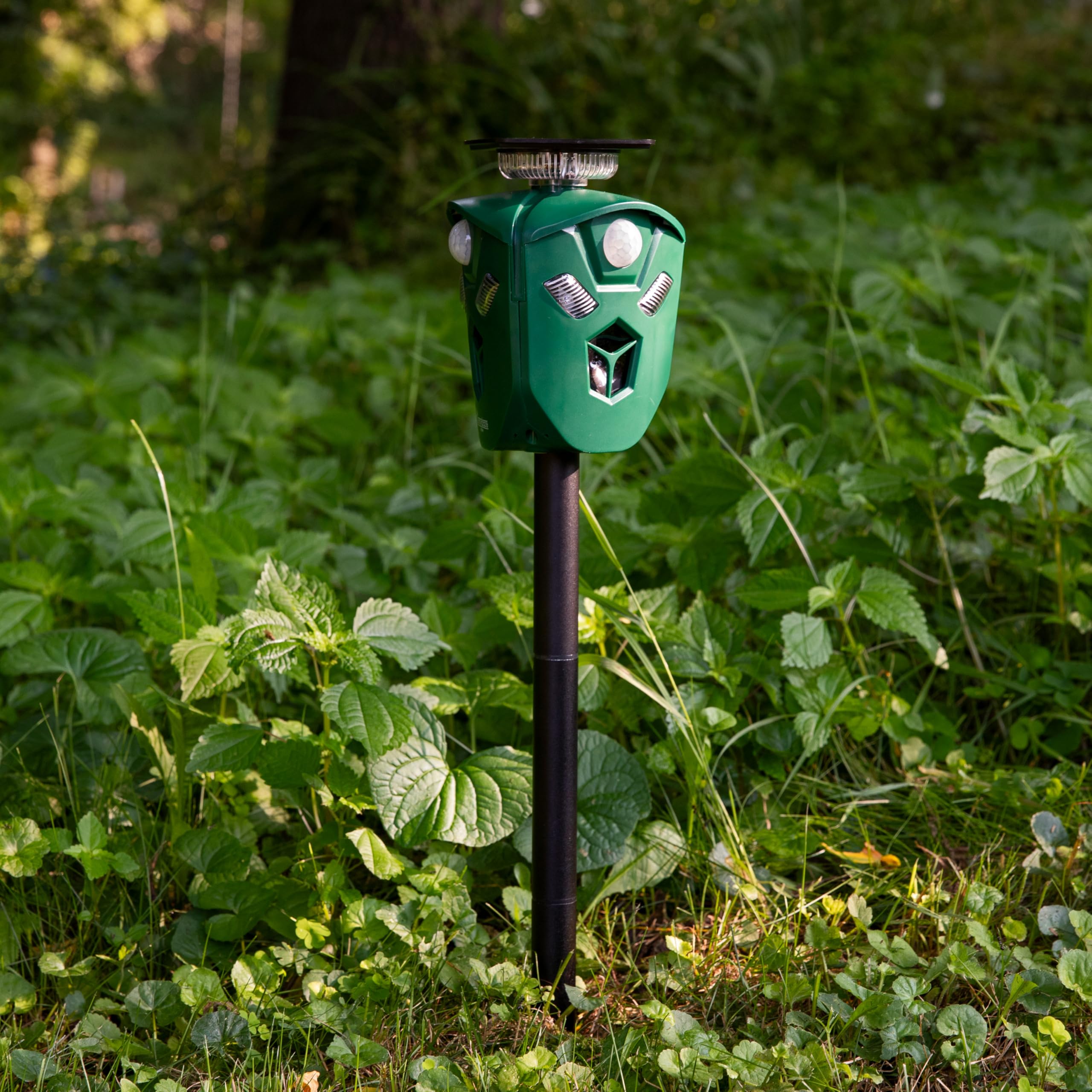 Sunnydaze 360° Solar-Powered Ultrasonic Animal Repeller with Mounting Pole - Solar Power or USB - 3 PIR Motion Sensors