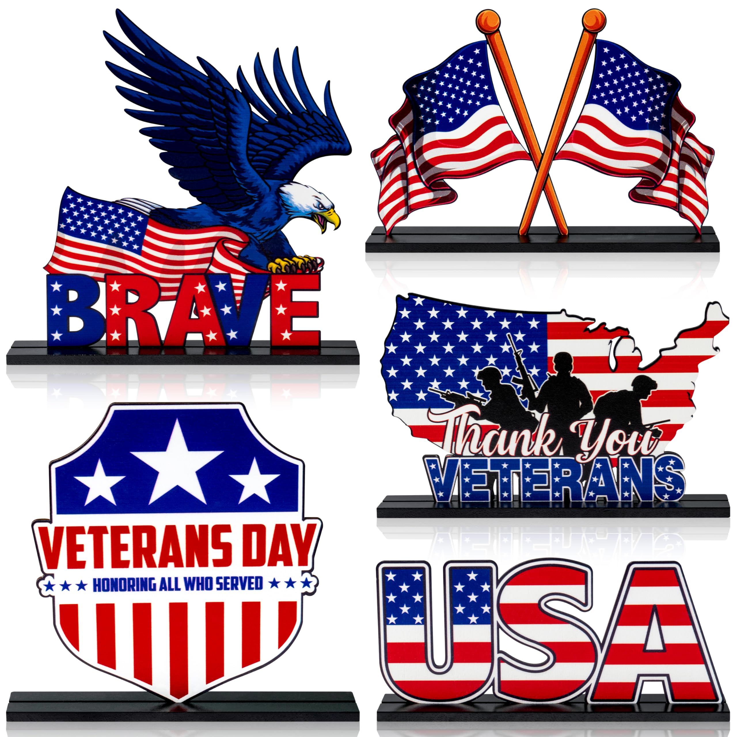 Haooryx Veterans Memorial Day Wooden Centerpieces - 5Pcs America Veterans Day Brave Soldier Wood Table Topper Decorations 11th November Table Sign Tabletop Wood Sign for Memorial Celebrate Party Decor