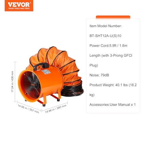 VEVOR Industrial Portable Air Blower Ventilator with Hose, 3198CFM 12 Inch Heavy Duty Tube Exhaust Fan with 33ft Flexible Duct, 585W High Velocity Air Mover for Extraction and Ventilation