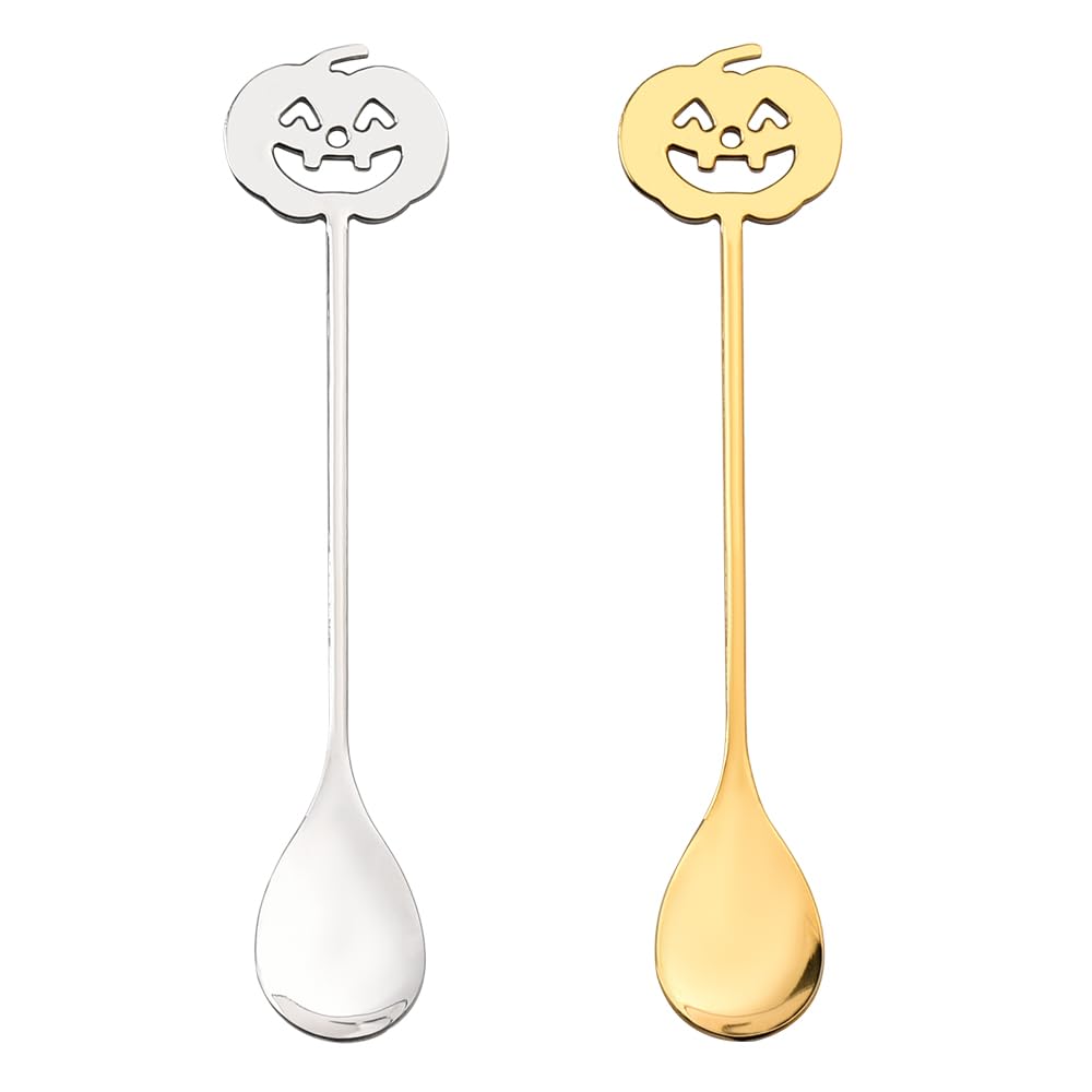 Halloween Pumpkin Spoons for Women Men Coffee Tea Spoon for Couples Bf Gf Husband Wife Anniversary Christmas Gift Halloween Party Prop Silver & Gold Sugar Dessert Spoon for 2