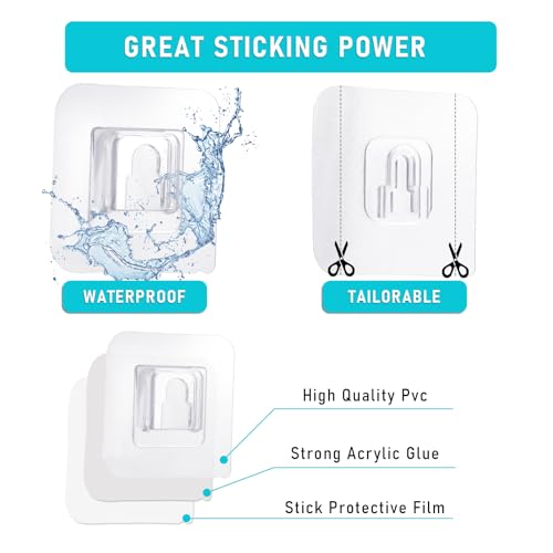 Qianyu 50Pcs Double Sided Adhesive Wall Hooks Transparent Wall Adhesive Hooks for Hanging Clip Rain Sticky Hooks Clear Waterproof Utility Sticker Hook for Shower Bathroom Kitchen Office Basket Picture