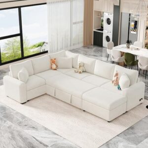 merax 112.2" sectional pull-out sofa bed couch sleeper with a storage ottoman,3 pillows and charging devices for living room