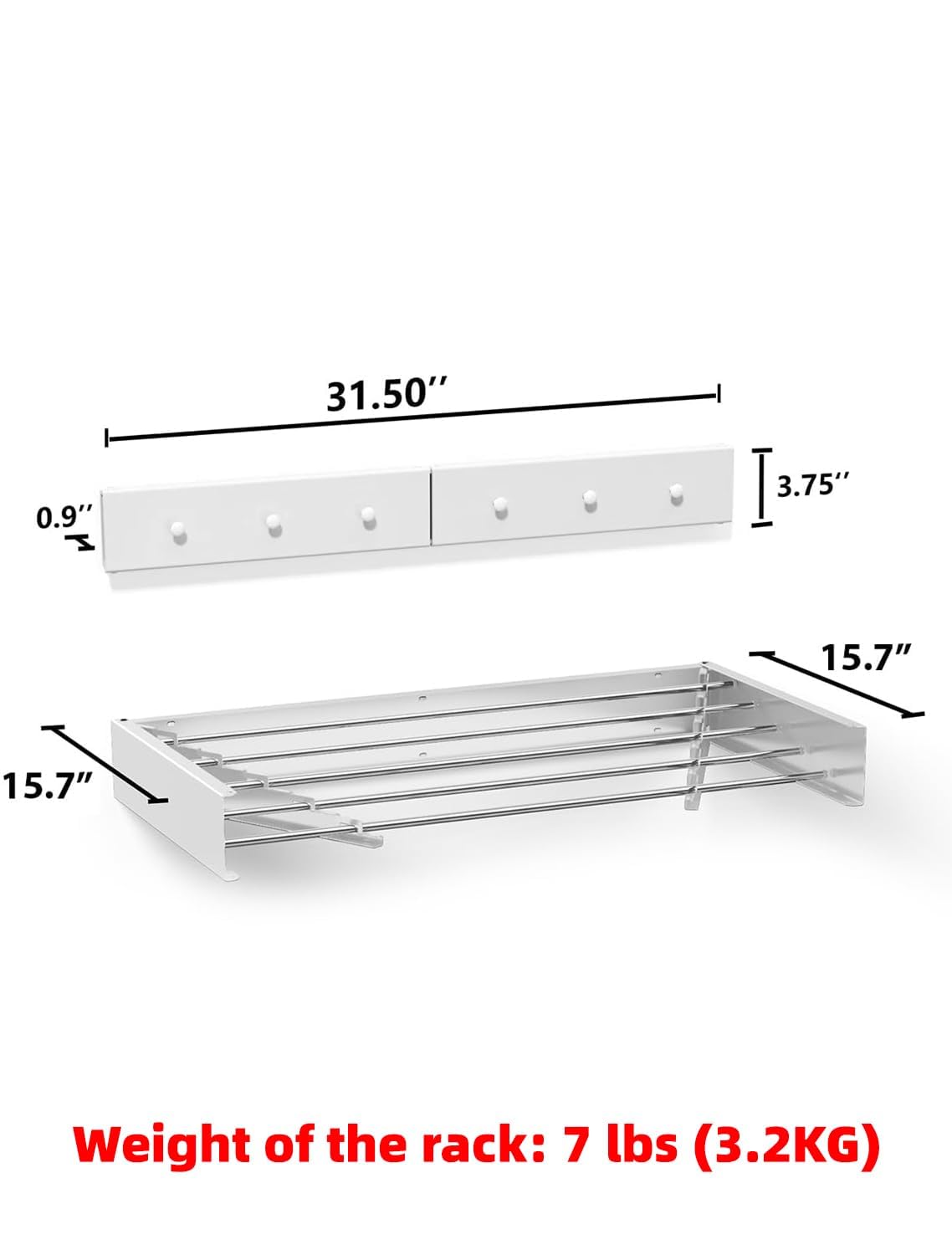 Upgrade Laundry Drying Rack Collapsible, Wall Mounted Drying Rack, Clothes Drying Rack, Retractable Drying Rack, 31.5" Wide, 13.2 Linear Ft, 5 Aluminum Rods (31.5'' Wide with 6 Hooks)