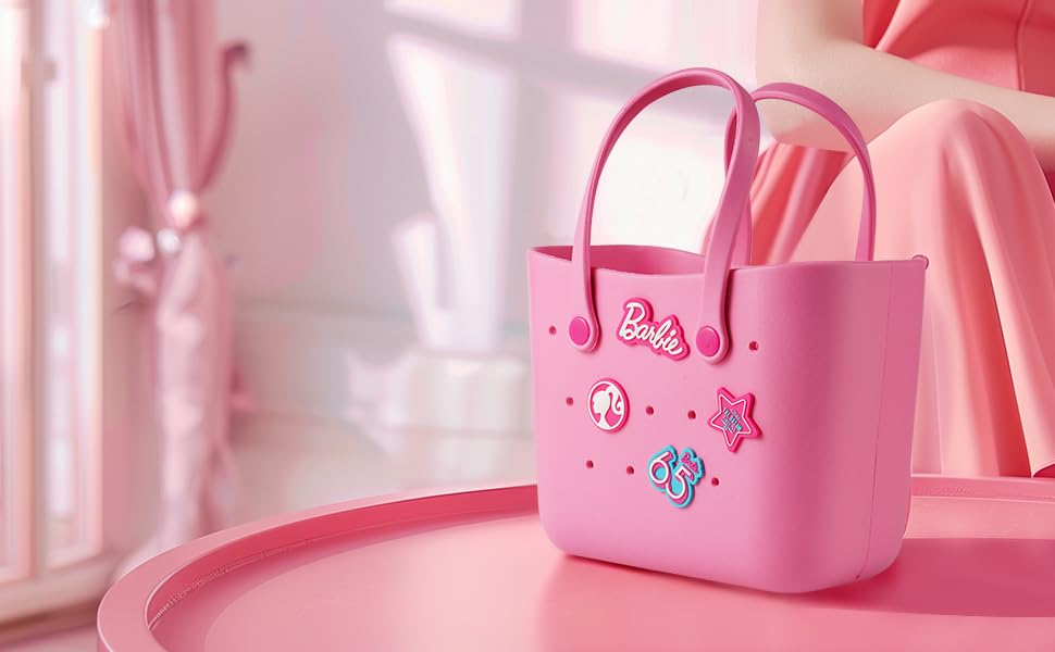 MINISO Barbie Lunch Bag For Women Lunch Tote Bag Cute Crocs Design Durable Lunch Bags For Girls Suitable Size Pink With Handle Cute Bento Bags Barbie Daylight Shiny Series