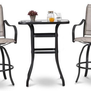 ARTLOFT 3 Piece Patio Bar Set Outdoor High Top Table and Chairs 360° Swivel Chairs Tall Patio Table with Tempered Glass Top Outdoor Bistro Furniture for Porch, Yard, Garden, Balcony, Deck (Grey)