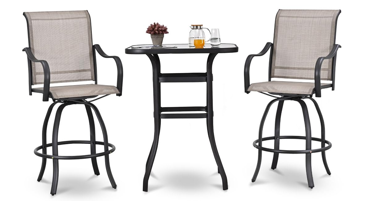 ARTLOFT 3 Piece Patio Bar Set Outdoor High Top Table and Chairs 360° Swivel Chairs Tall Patio Table with Tempered Glass Top Outdoor Bistro Furniture for Porch, Yard, Garden, Balcony, Deck (Grey)