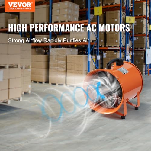 VEVOR Industrial Portable Air Blower Ventilator with Hose, 3198CFM 12 Inch Heavy Duty Tube Exhaust Fan with 33ft Flexible Duct, 585W High Velocity Air Mover for Extraction and Ventilation