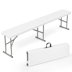 tangkula 6 ft plastic folding bench, foldable bench seat with carry handle, non-slip mat, indoor & outdoor hdpe portable outdoor bench for soccer sports picnic camping, white