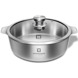 wagensteiger 4.18quarts stainless steel sauté pan casserole pot with tempered glass lid, stock pot, 3-ply construction with aluminum core, stylish design, brushed finish