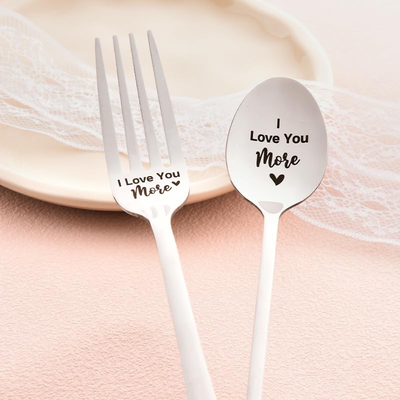 I Love You More Spoon Fork for Him Her Couple Gifts for Boyfriend Girlfriend Anniversary Birthday Gifts for Wife Husband Dinner Dessert Forks Christmas Xmas Gifts for Mom Dad Ice Cream Spoons