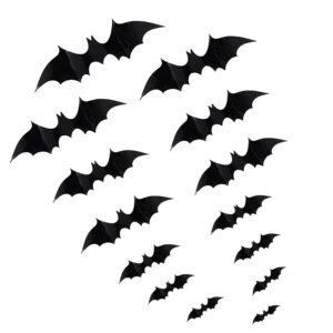 Lonfehaps 100 Pcs Bats Halloween Decoration Wall Stickers, 3D Halloween Bats Waterproof Wall Stickers 4 Size Black PVC Bat Wall Decal for Halloween Bathroom Home Decor Room Party Decor