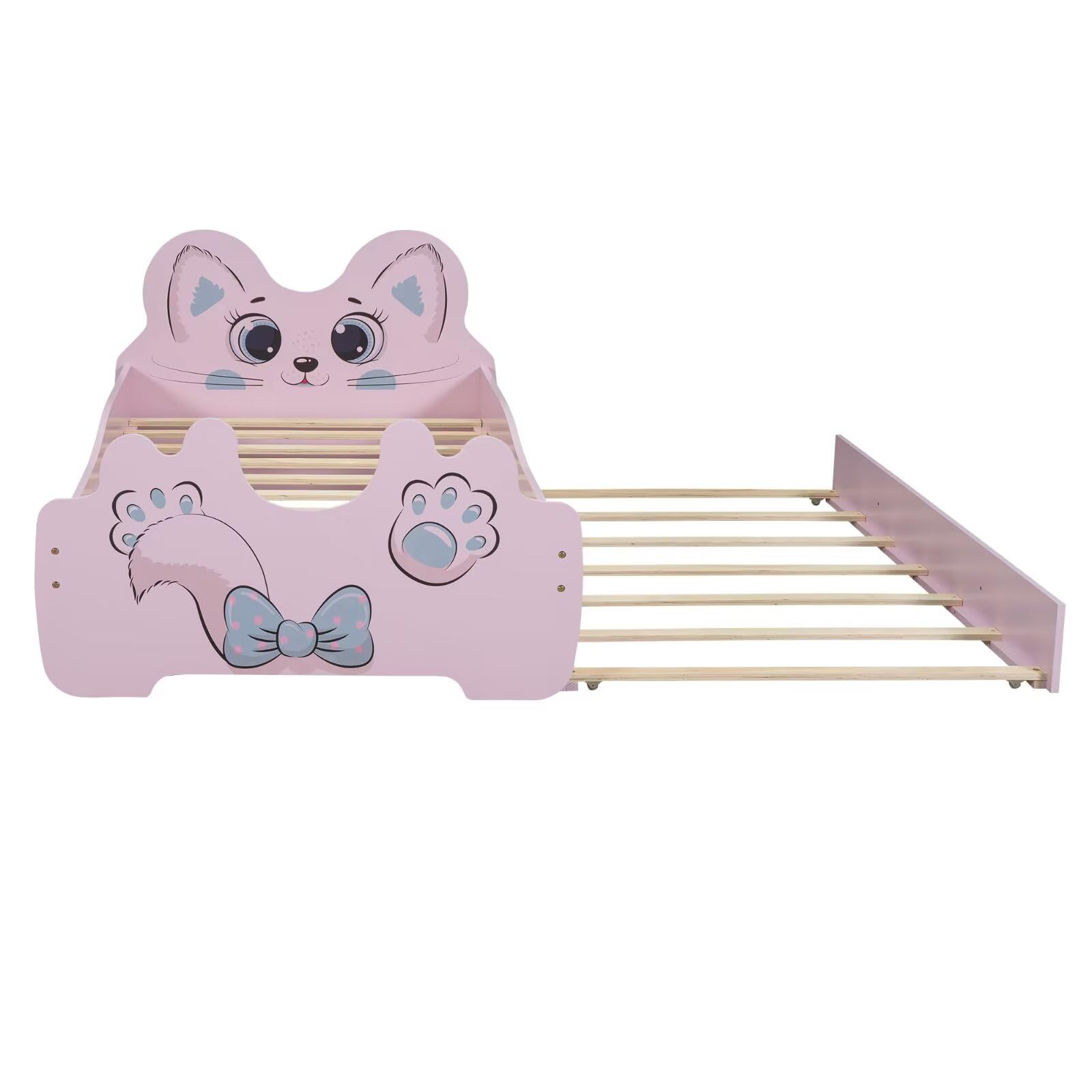 Merax Children Cat-Shaped Platform Bed with Trundle, Wooden Bedframe, No Box Spring Needed, Twin Size, Pink