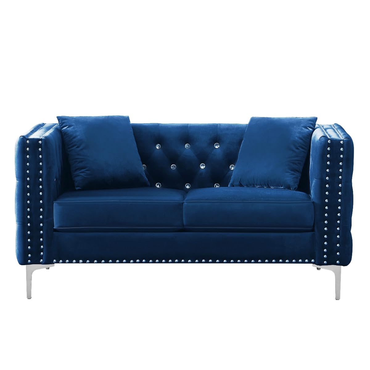 MAKIAAP 59.4 Inches Blue Loveseat Sofa Couch with Velvet Upholstered,Jeweled Buttons,Metal Legs,2 Seats Chaise with Armrest and 2 Throw Pillows