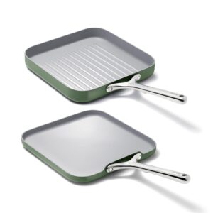 Caraway Griddle Pan & Grill Pan Duo - Non-Stick Ceramic Coated - Non Toxic, PTFE & PFOA Free - Oven Safe & Compatible with All Stovetops – Sage