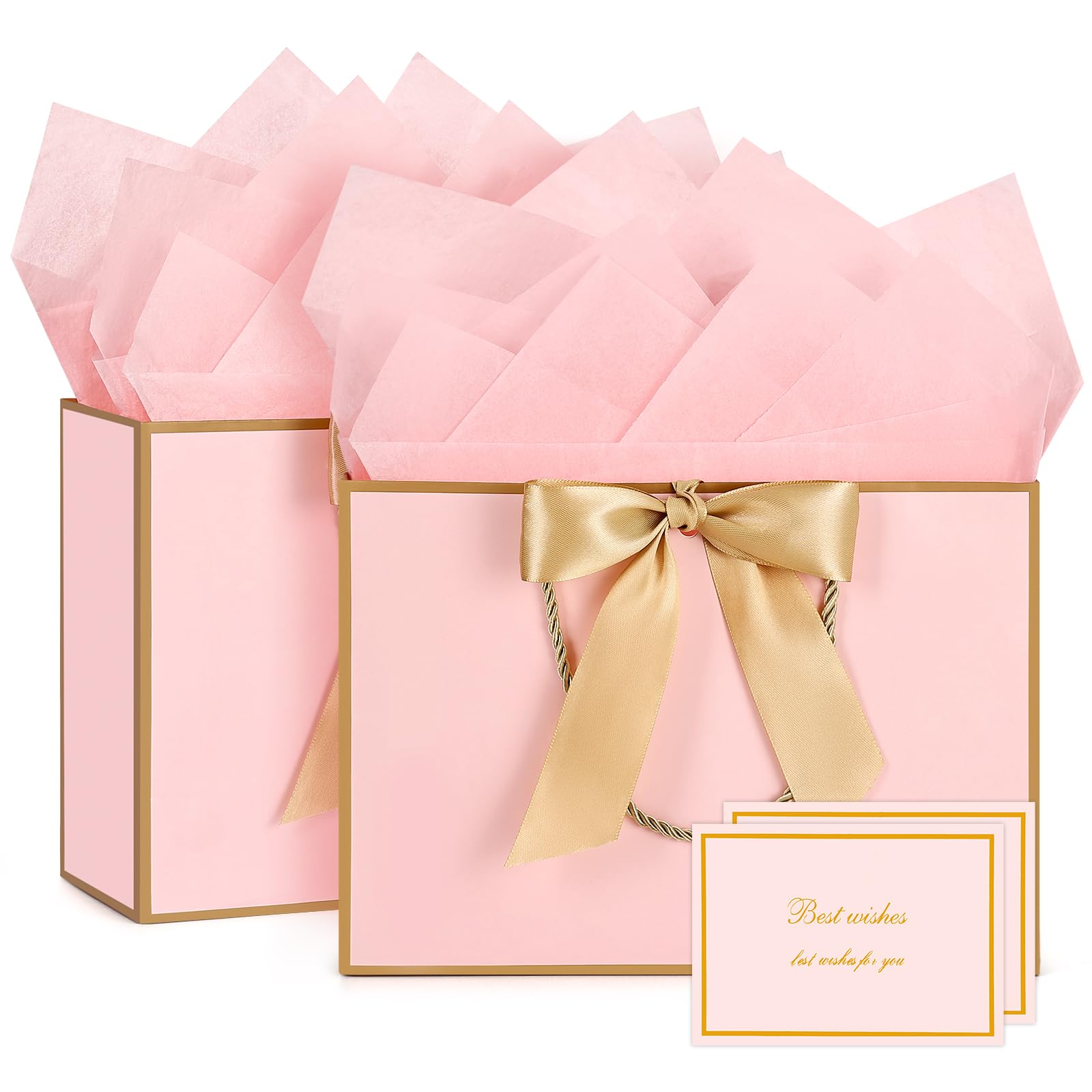 JMANNI Gift Bags, Small Gift Bags, 2Pcs Paper Gift Bag with 4 Tissue Paper and 2 Greeting Cards, Present Bags with Handles for Women Girls Bridesmaid Birthday Valentines Wedding Party (Pink-Golden)