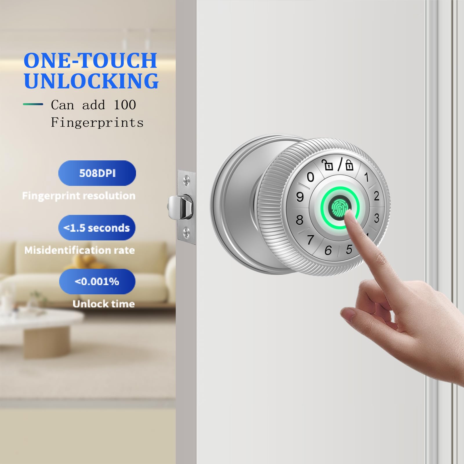 Fingerprint Door Lock,Smart Door Knob,biometric lock, keypad entry,keyless handle.Ideal for bedroom,home,hotel,office,apartment.Enhances security & convenience. (Silvery)