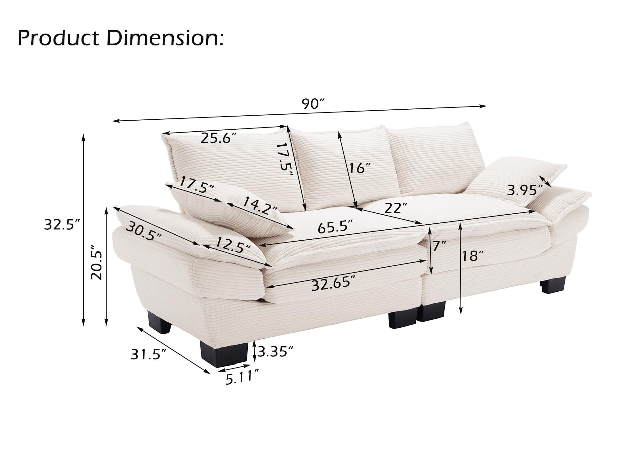 Aeffze Oversized Loveseat Sofa, 90" Modern Loveseat Couch 2 Seater Upholstered Sectional Sofa with Pillows, Deep Seat Comfy Corduroy Sofa Couch for Living Room Bedroom Apartment (Beige)