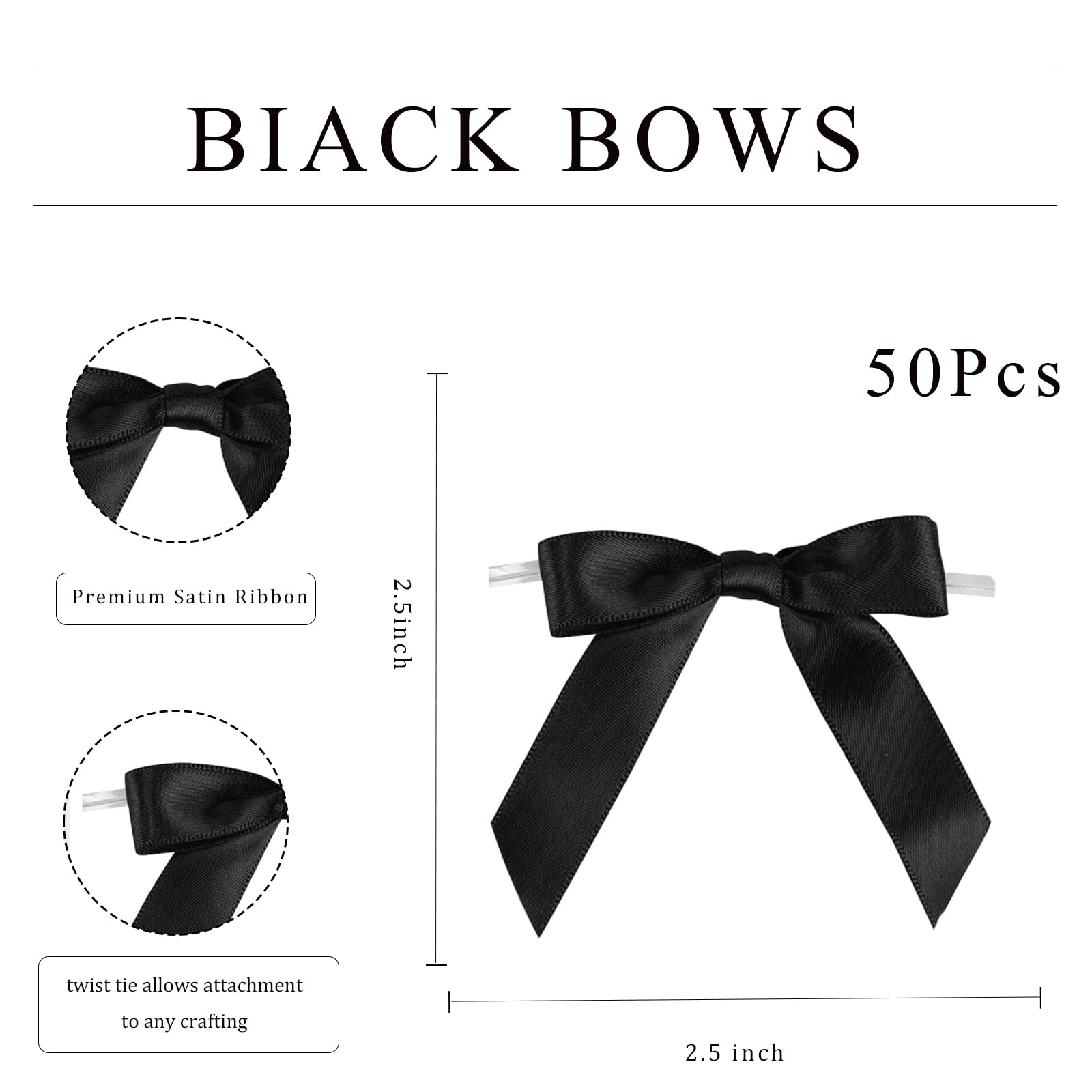 Satin Ribbon Black Bow Decor 2.5" Premade Pink Twist Tie Bows for Gift Wrapping Black Bow for Treat Bags Party Favors Wedding Decorations - 50 Counts