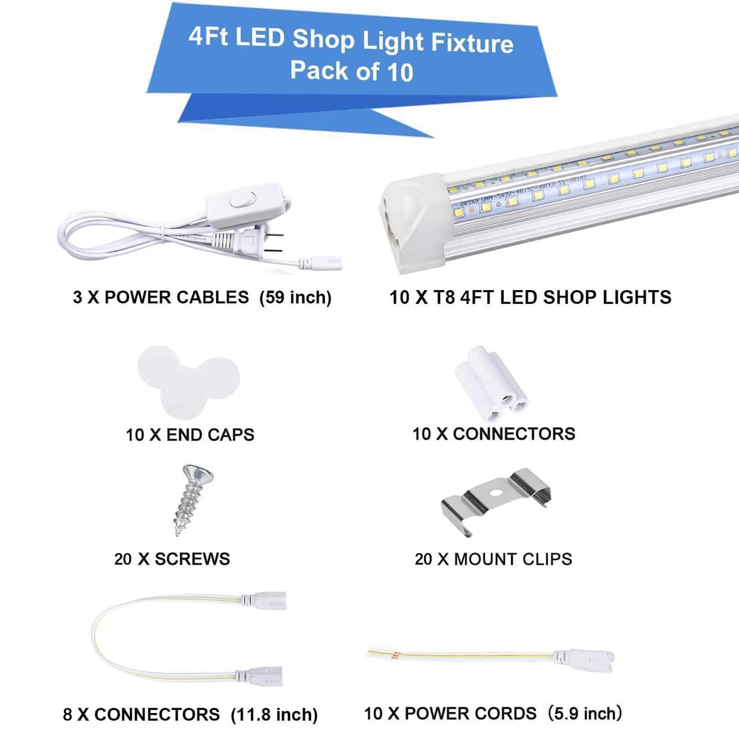 10Pack 4FT LED Shop Light Garage Lights, 50W 8000LM 6500K Linkable Shop Light, High Output Clear Cover Integrated LED Tube Light, T8 4FT LED Shop Light for Workshop Warehouse Basement, Plug and Play