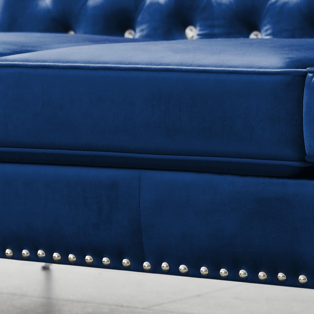 MAKIAAP 59.4 Inches Blue Loveseat Sofa Couch with Velvet Upholstered,Jeweled Buttons,Metal Legs,2 Seats Chaise with Armrest and 2 Throw Pillows