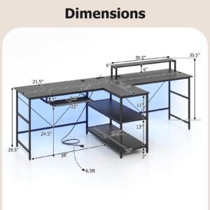 Giantex 94.5” 2 Person Desk with LED Lights, Long PC Study Desk with Storage Shelves, Power Outlets, Keyboard Tray & Monitor Stand, Double Computer Desk Workstation for Home Office (Black)