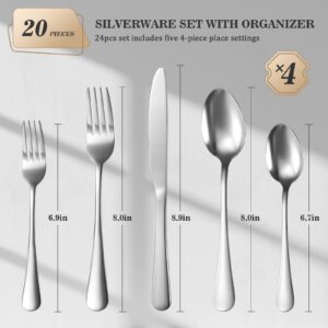 20-Piece Silverware Set with Organizer，Heavy Duty Stainless Steel Flatware Cutlery Tableware Set for 4，Includes 5-Compartment Silverware Tray with Cutlery Icons，First Apartment Kitchen Essentials