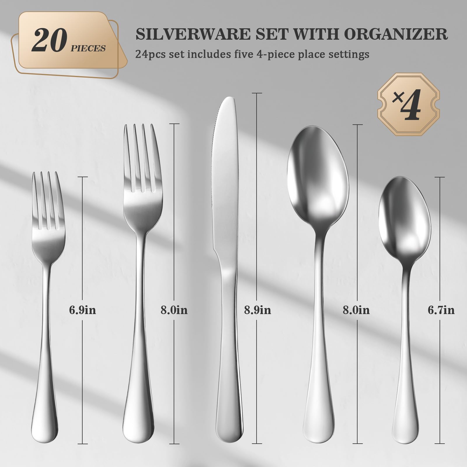 20-Piece Silverware Set with Organizer，Heavy Duty Stainless Steel Flatware Cutlery Tableware Set for 4，Includes 5-Compartment Silverware Tray with Cutlery Icons，First Apartment Kitchen Essentials