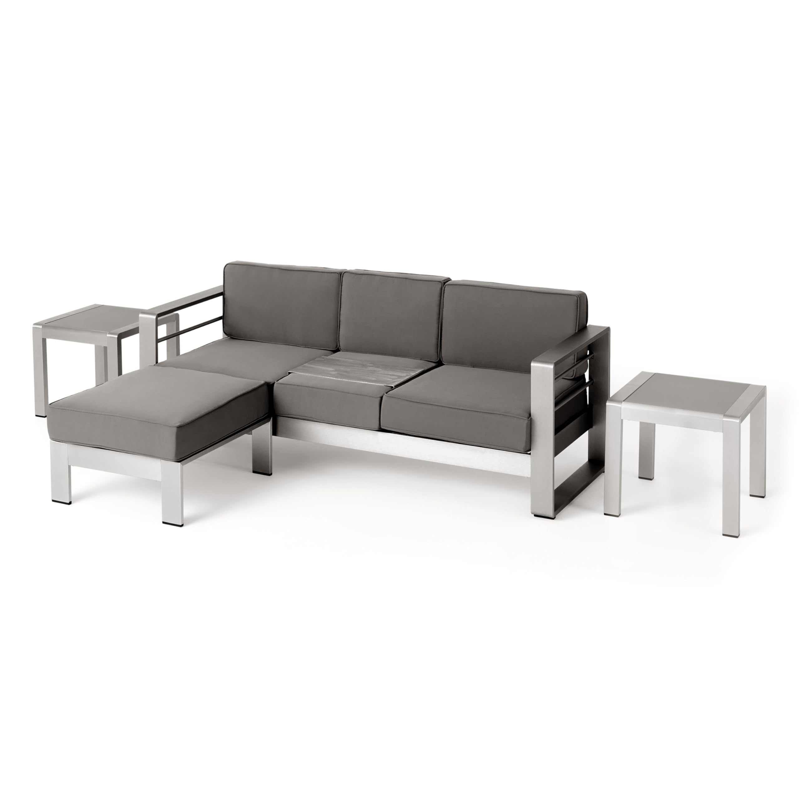 Christopher Knight Home Cape Coral Outdoor 3 Seater Aluminum Conversation Set with Water Resistant Cushions, 20 "W x 20 "D x 18 "H, Silver + Khaki